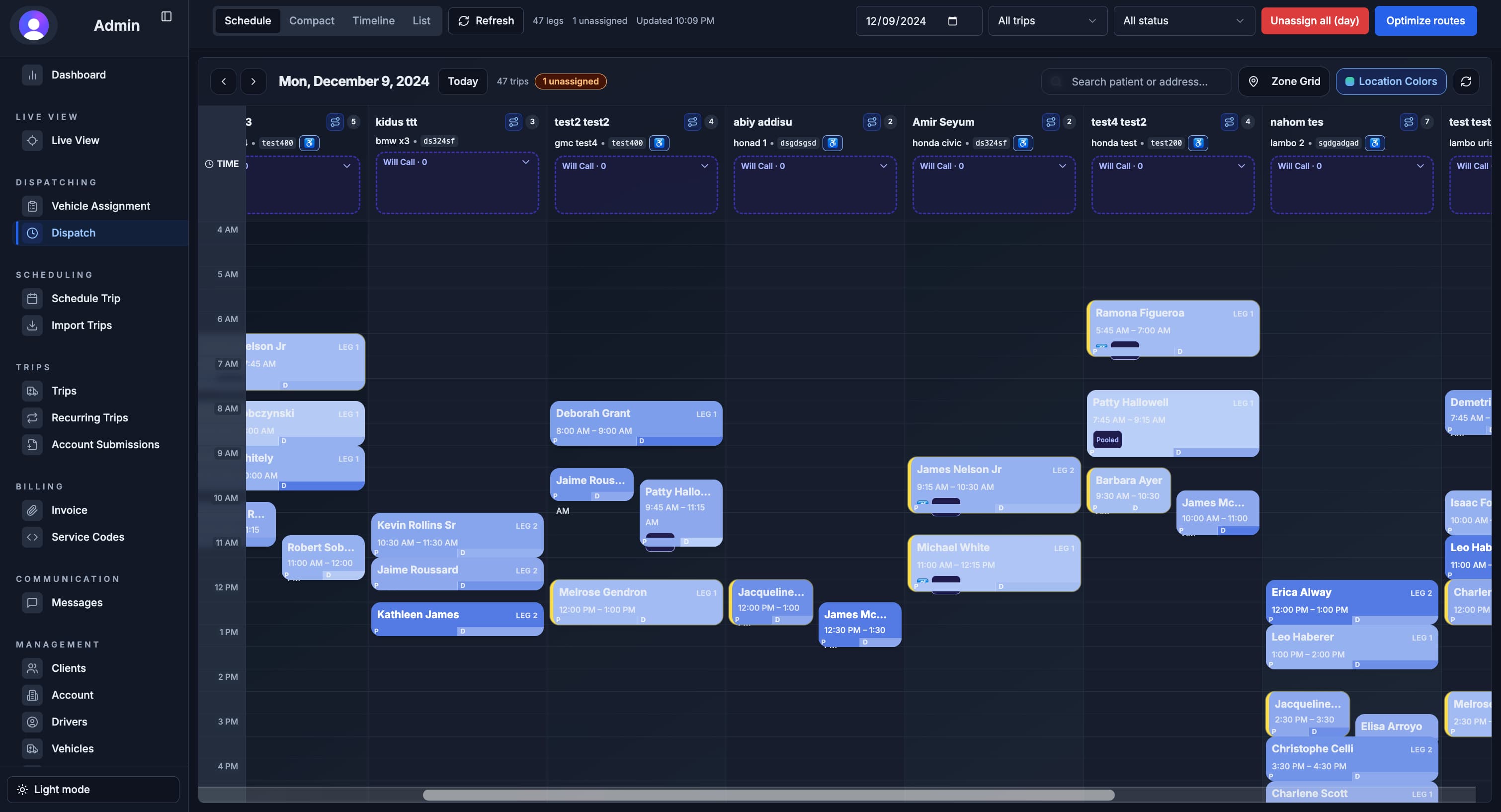 Axen NEMT dispatch schedule showing driver columns, assigned trips, pickup windows, and will-call returns, dark mode