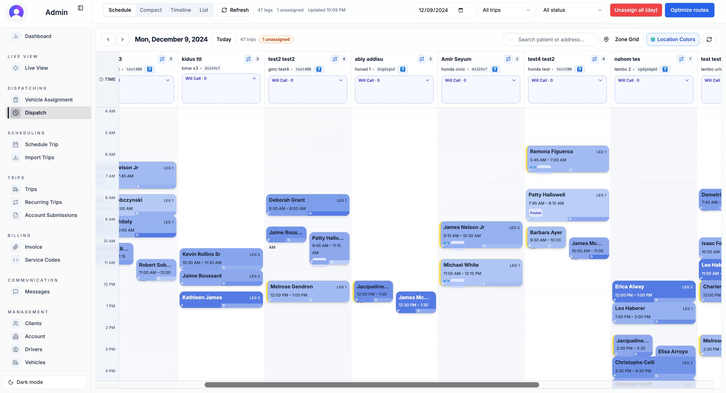 Axen NEMT dispatch schedule showing driver columns, assigned trips, pickup windows, and will-call returns, light mode