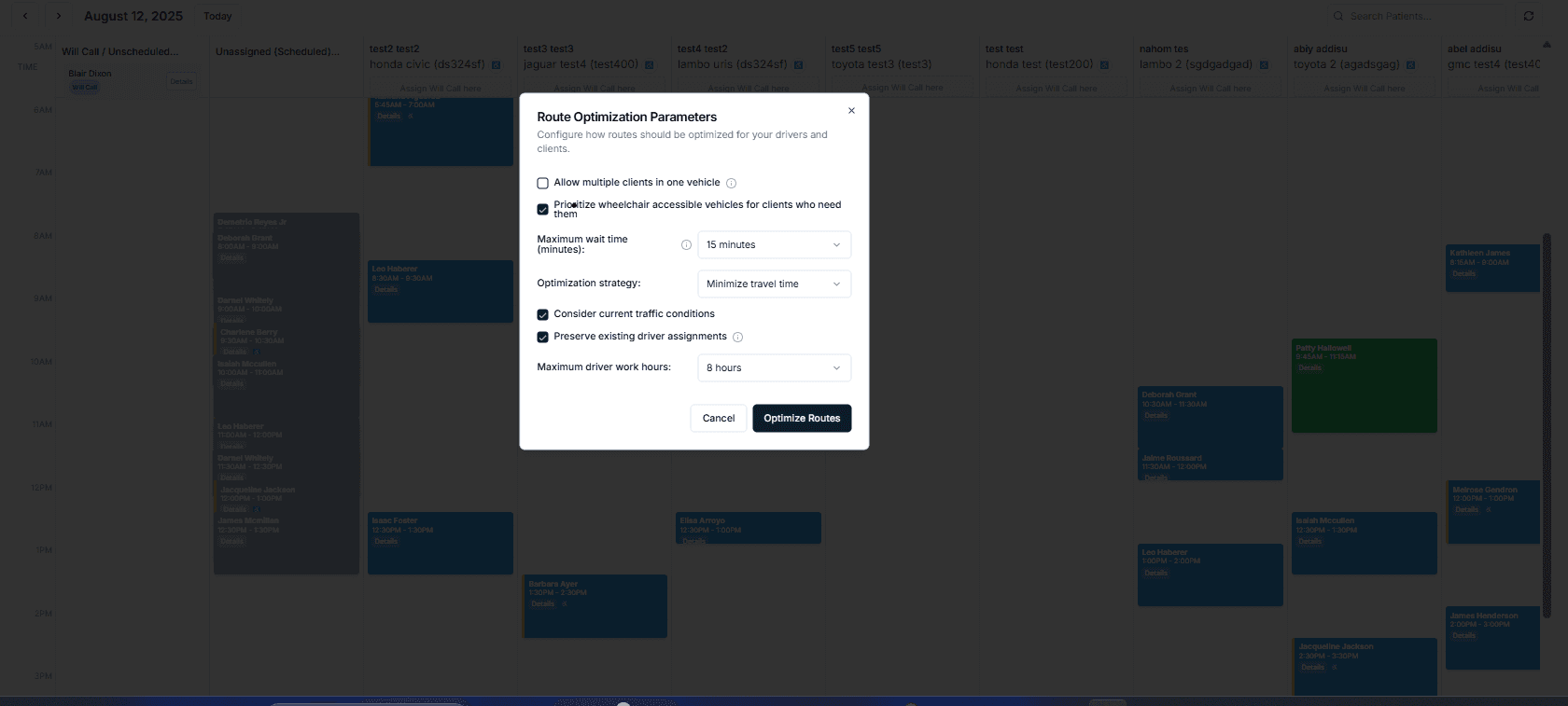 Axen NEMT scheduling screen showing trip manifest with pickup windows and rider requirements