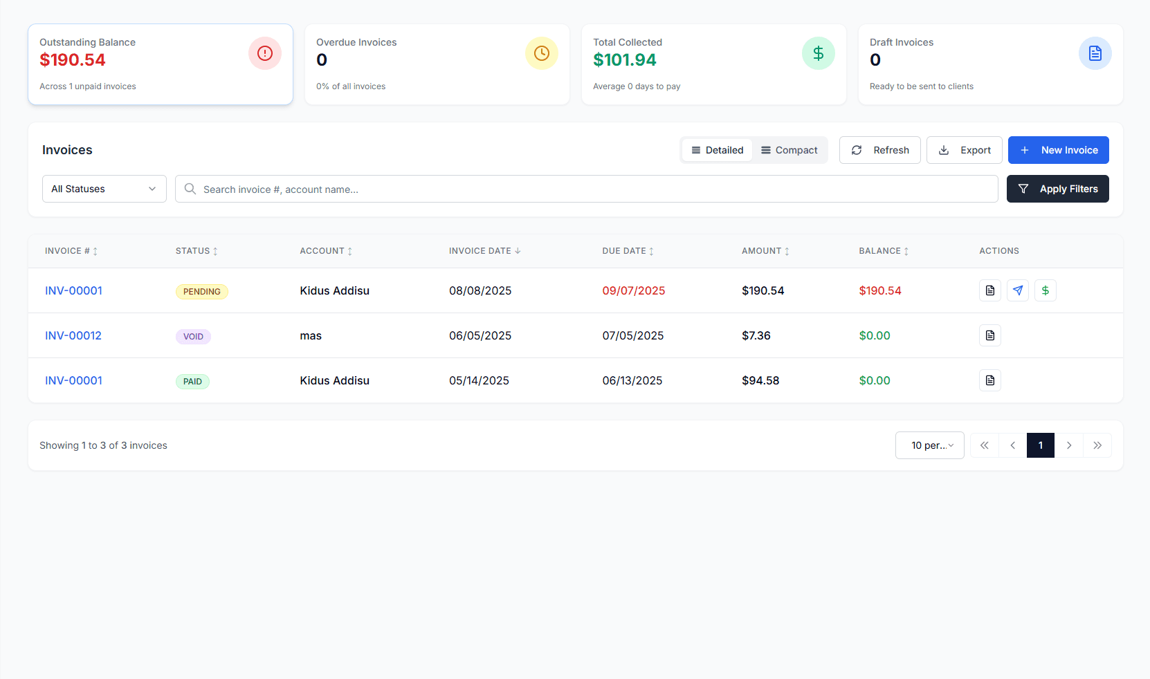Axen billing console showing claim batches and invoice status